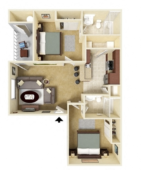 Floor plan for 2 beds, 2 baths, 796 sqft